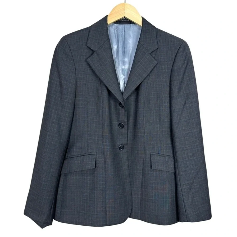R J CLASSICS Platinum Women's Plaid Blazer Jacket Size 10R Dark Gray Blue‎